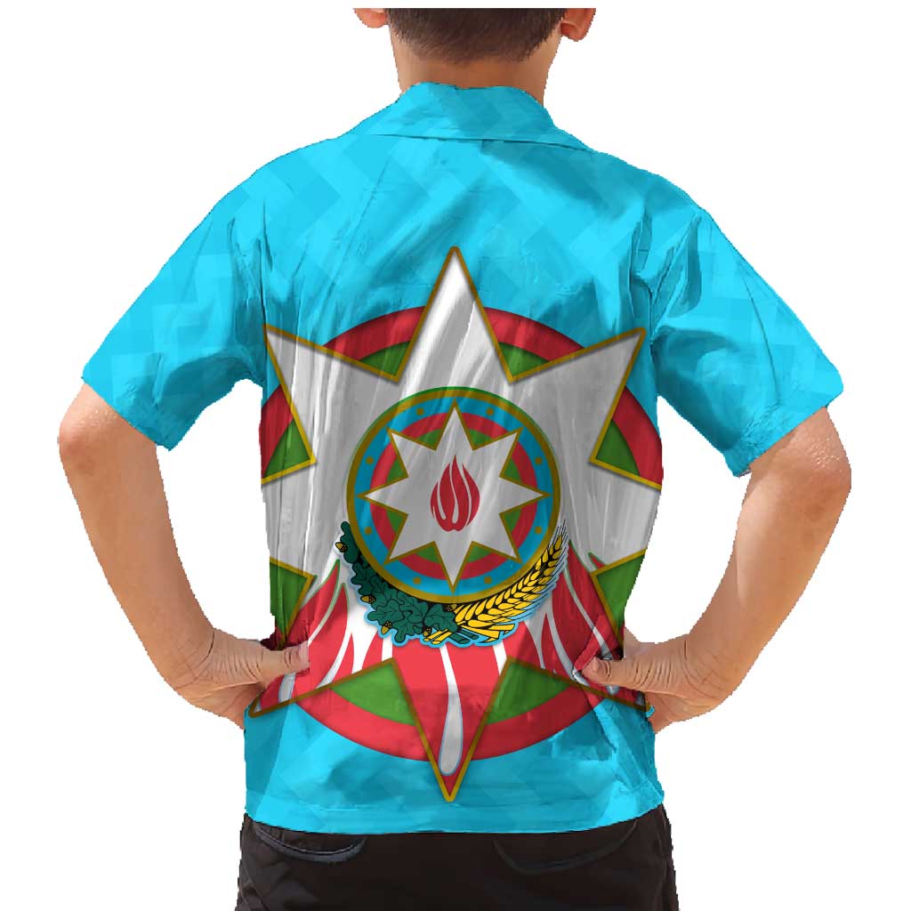 Azerbaijan National Emblem Family Matching Mermaid Dress and Hawaiian Shirt with Star and Flame Design in Sky Blue
