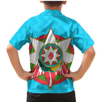 Azerbaijan National Emblem Family Matching Mermaid Dress and Hawaiian Shirt with Star and Flame Design in Sky Blue