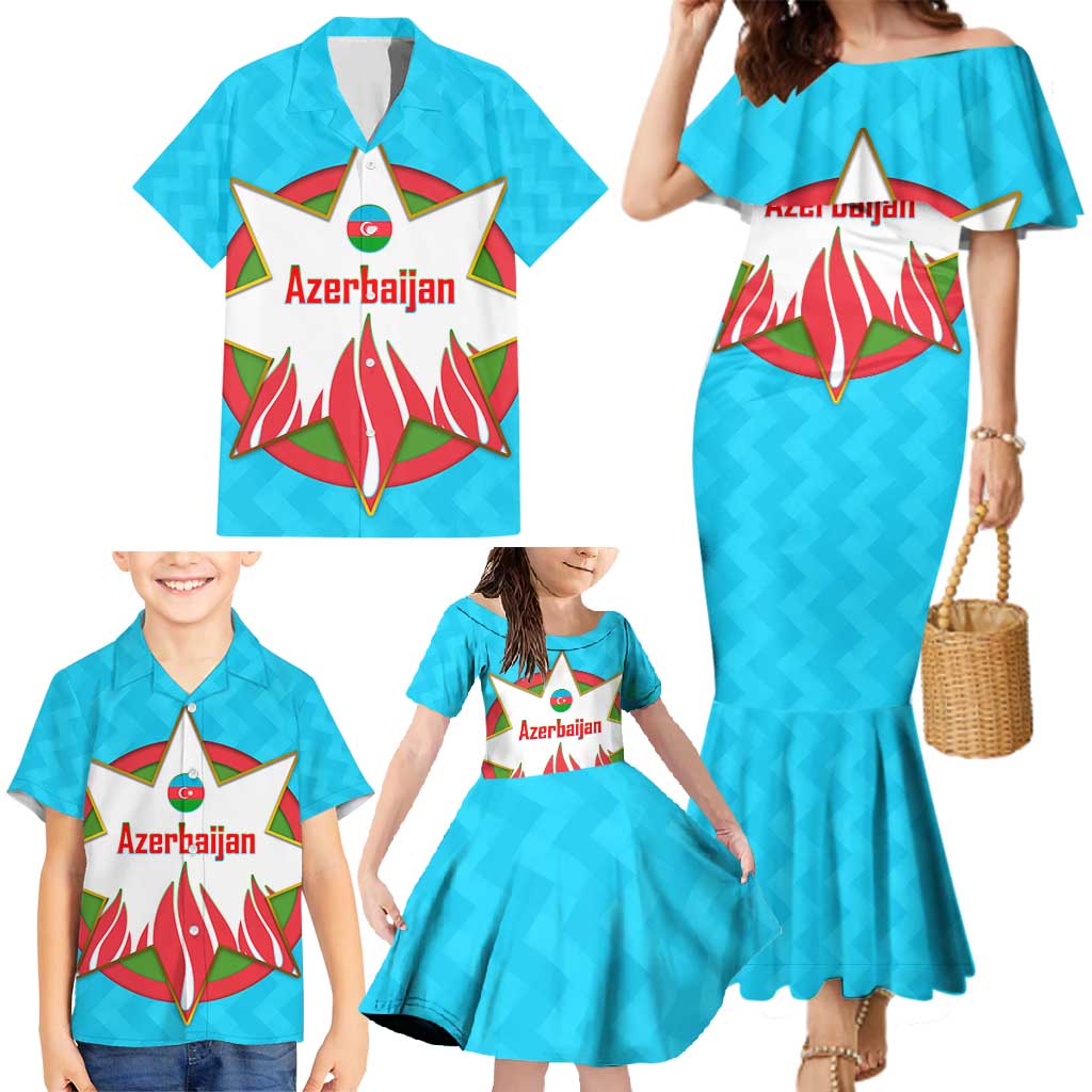 Azerbaijan National Emblem Family Matching Mermaid Dress and Hawaiian Shirt with Star and Flame Design in Sky Blue