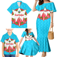 Azerbaijan National Emblem Family Matching Mermaid Dress and Hawaiian Shirt with Star and Flame Design in Sky Blue