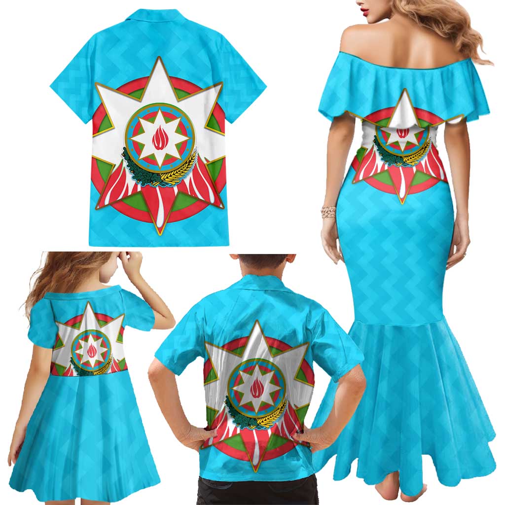 Azerbaijan National Emblem Family Matching Mermaid Dress and Hawaiian Shirt with Star and Flame Design in Sky Blue