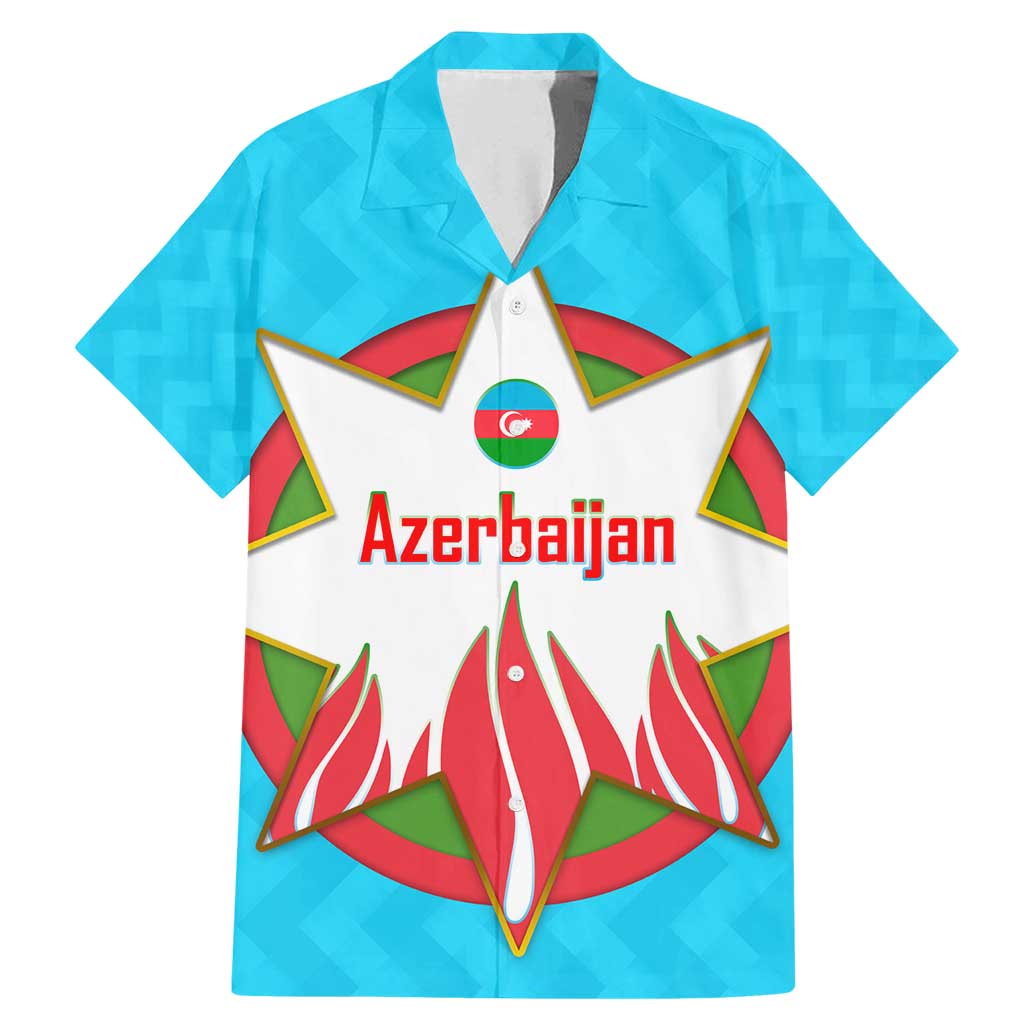 Azerbaijan National Emblem Family Matching Mermaid Dress and Hawaiian Shirt with Star and Flame Design in Sky Blue