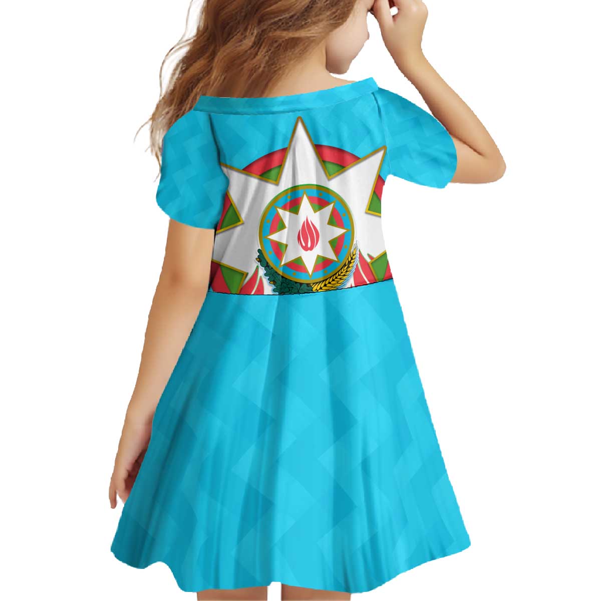 Azerbaijan National Emblem Family Matching Off The Shoulder Long Sleeve Dress and Hawaiian Shirt with Star and Flame Design in Sky Blue