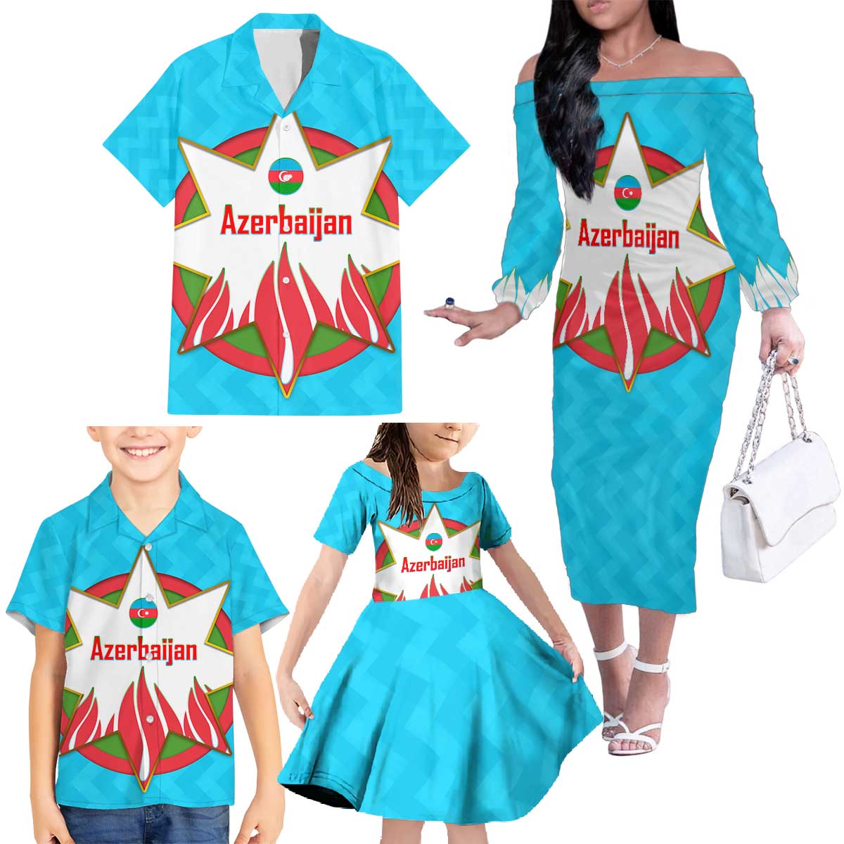 Azerbaijan National Emblem Family Matching Off The Shoulder Long Sleeve Dress and Hawaiian Shirt with Star and Flame Design in Sky Blue