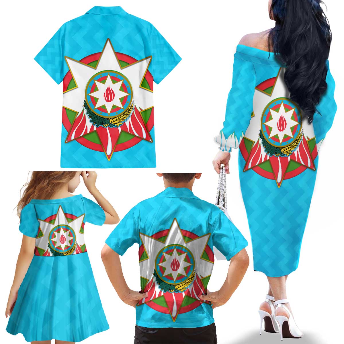 Azerbaijan National Emblem Family Matching Off The Shoulder Long Sleeve Dress and Hawaiian Shirt with Star and Flame Design in Sky Blue
