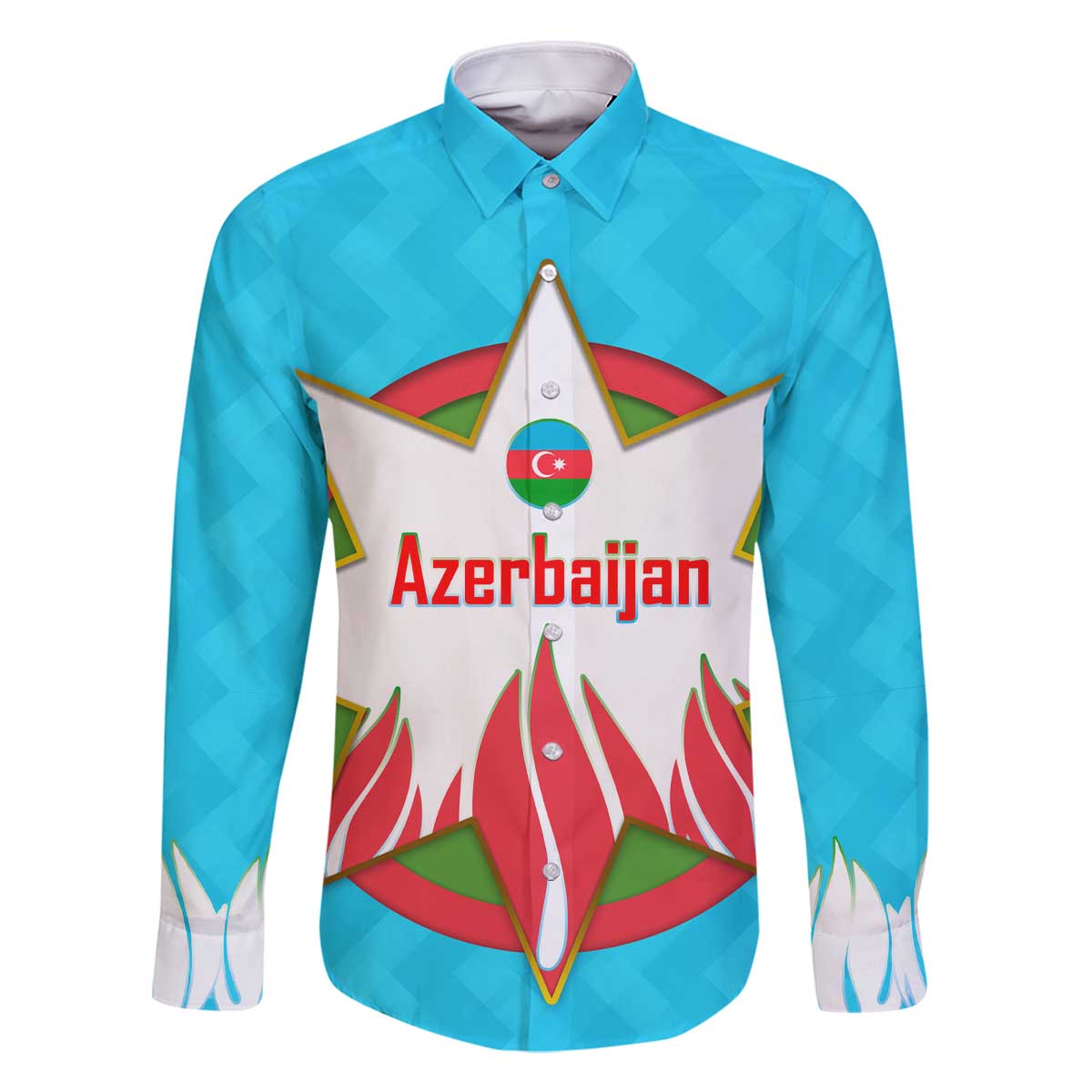 Azerbaijan National Emblem Family Matching Off The Shoulder Long Sleeve Dress and Hawaiian Shirt with Star and Flame Design in Sky Blue