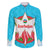 Azerbaijan National Emblem Family Matching Off The Shoulder Long Sleeve Dress and Hawaiian Shirt with Star and Flame Design in Sky Blue