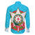 Azerbaijan National Emblem Family Matching Off The Shoulder Long Sleeve Dress and Hawaiian Shirt with Star and Flame Design in Sky Blue
