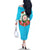 Azerbaijan National Emblem Family Matching Off The Shoulder Long Sleeve Dress and Hawaiian Shirt with Star and Flame Design in Sky Blue