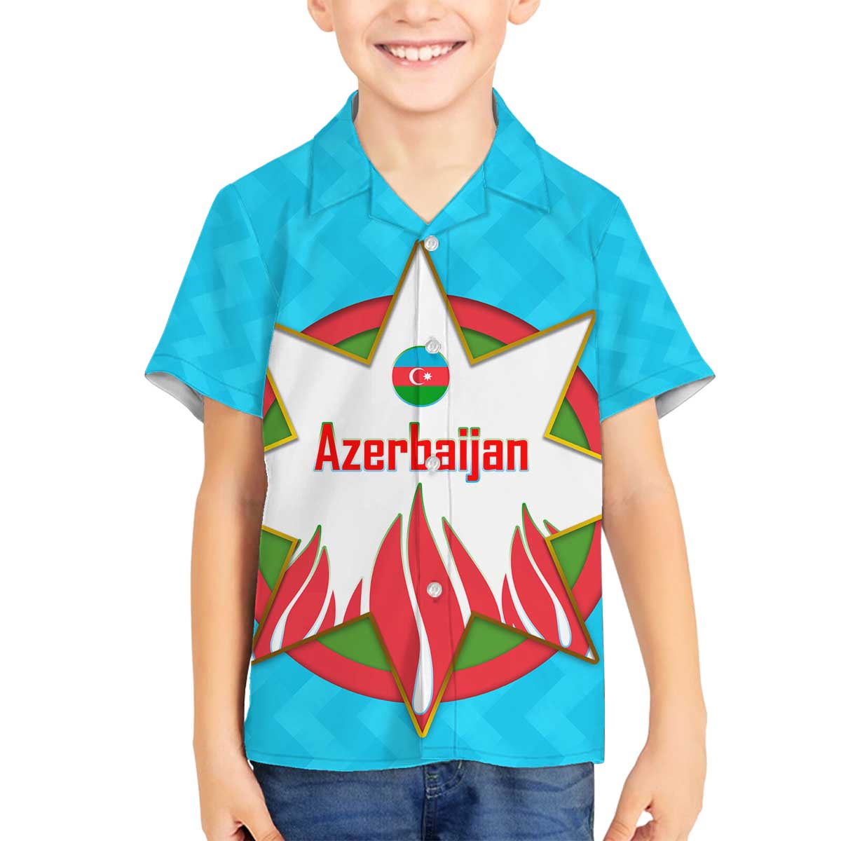 Azerbaijan National Emblem Family Matching Off The Shoulder Long Sleeve Dress and Hawaiian Shirt with Star and Flame Design in Sky Blue