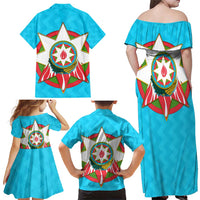 Azerbaijan National Emblem Family Matching Off Shoulder Maxi Dress and Hawaiian Shirt with Star and Flame Design in Sky Blue