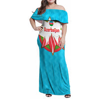 Azerbaijan National Emblem Family Matching Off Shoulder Maxi Dress and Hawaiian Shirt with Star and Flame Design in Sky Blue