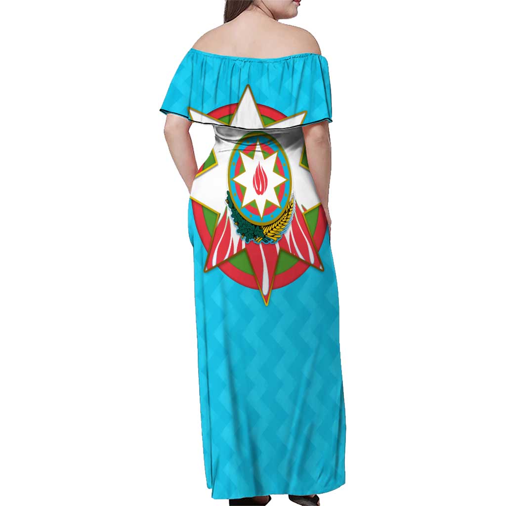 Azerbaijan National Emblem Family Matching Off Shoulder Maxi Dress and Hawaiian Shirt with Star and Flame Design in Sky Blue
