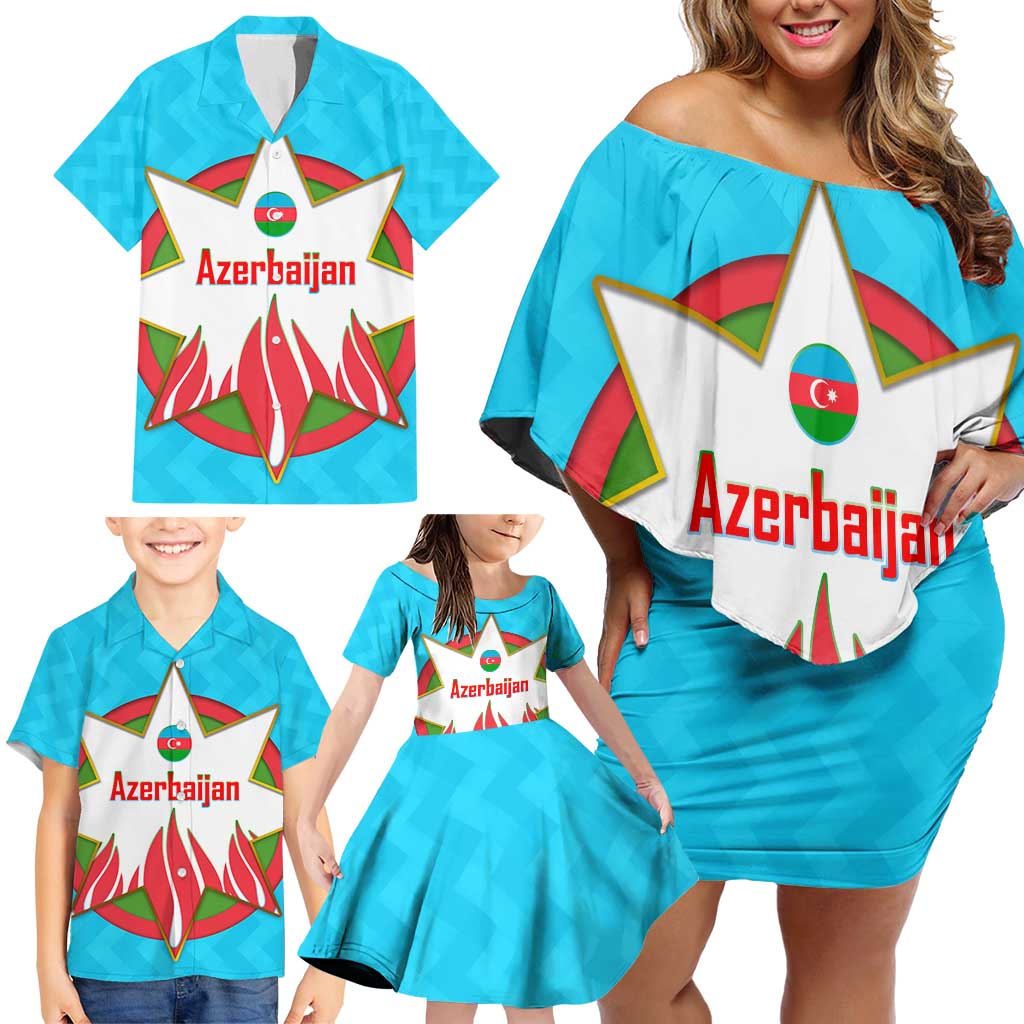 Azerbaijan National Emblem Family Matching Off Shoulder Short Dress and Hawaiian Shirt with Star and Flame Design in Sky Blue