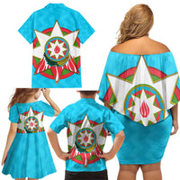 Azerbaijan National Emblem Family Matching Off Shoulder Short Dress and Hawaiian Shirt with Star and Flame Design in Sky Blue