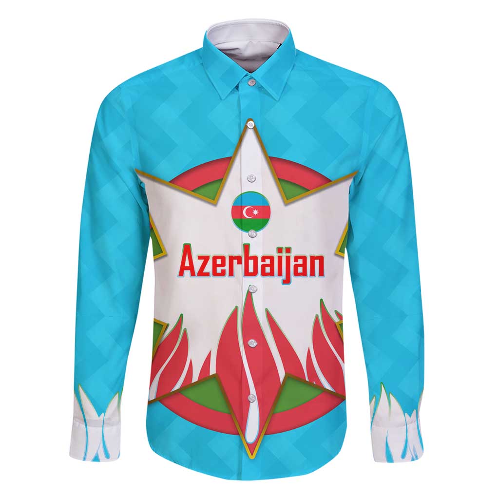 Azerbaijan National Emblem Family Matching Off Shoulder Short Dress and Hawaiian Shirt with Star and Flame Design in Sky Blue