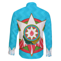 Azerbaijan National Emblem Family Matching Off Shoulder Short Dress and Hawaiian Shirt with Star and Flame Design in Sky Blue