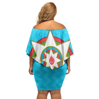 Azerbaijan National Emblem Family Matching Off Shoulder Short Dress and Hawaiian Shirt with Star and Flame Design in Sky Blue