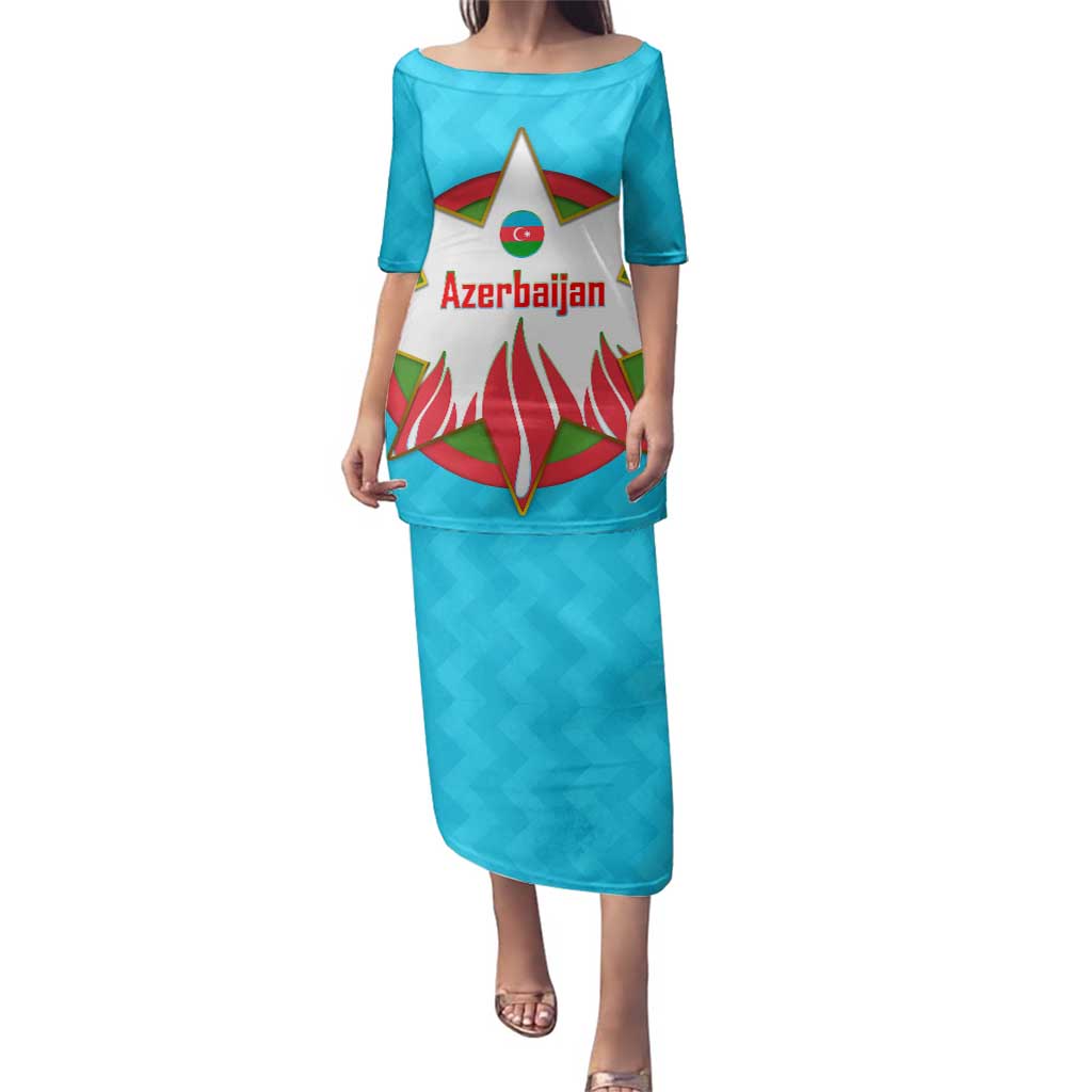 Azerbaijan National Emblem Family Matching Puletasi and Hawaiian Shirt with Star and Flame Design in Sky Blue