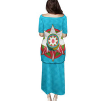 Azerbaijan National Emblem Family Matching Puletasi and Hawaiian Shirt with Star and Flame Design in Sky Blue