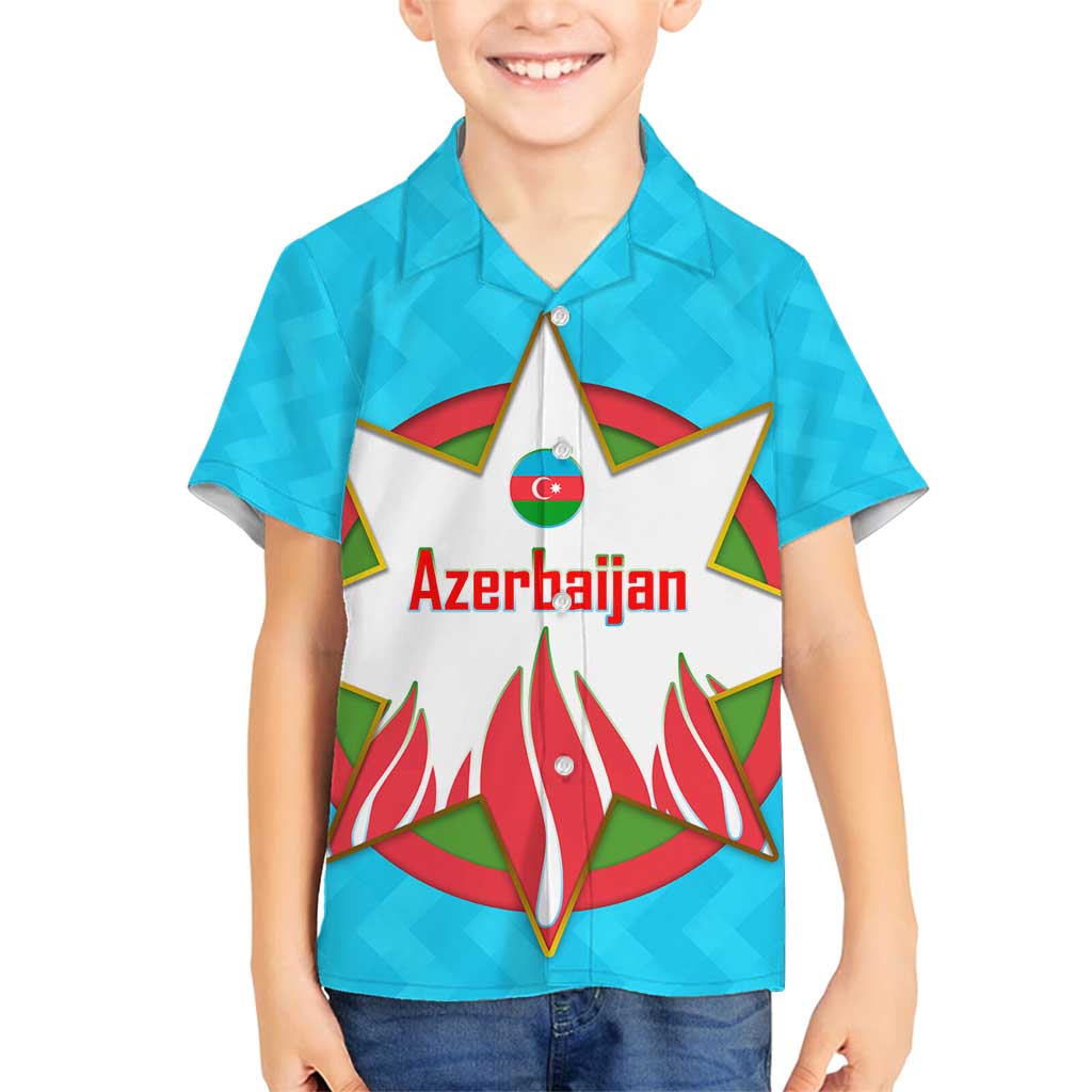 Azerbaijan National Emblem Family Matching Puletasi and Hawaiian Shirt with Star and Flame Design in Sky Blue