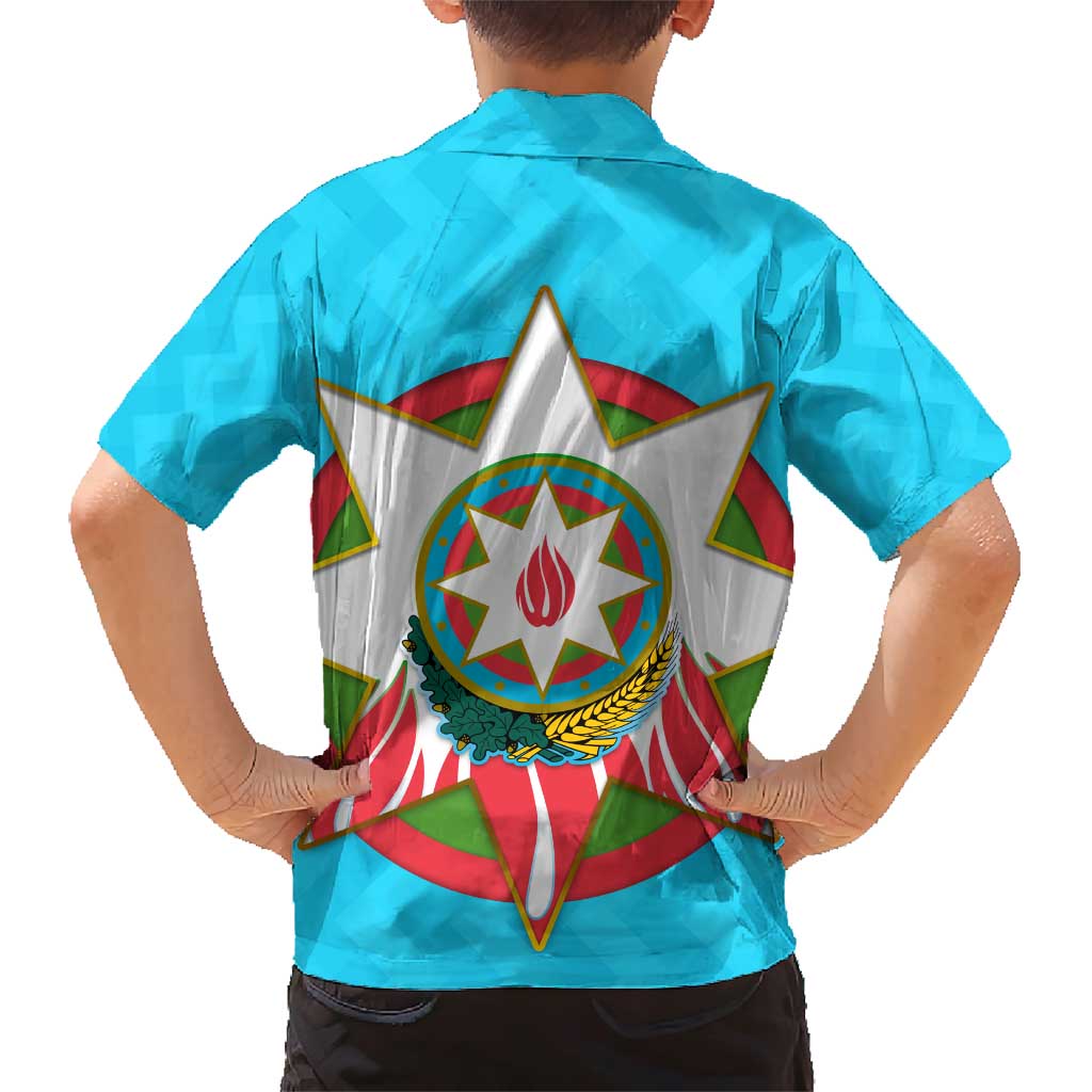 Azerbaijan National Emblem Family Matching Short Sleeve Bodycon Dress and Hawaiian Shirt with Star and Flame Design in Sky Blue
