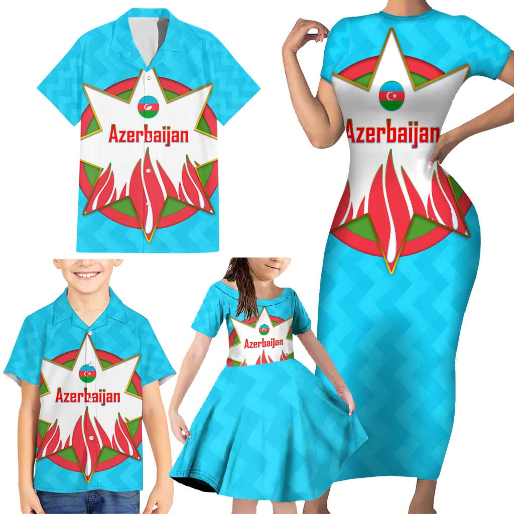 Azerbaijan National Emblem Family Matching Short Sleeve Bodycon Dress and Hawaiian Shirt with Star and Flame Design in Sky Blue
