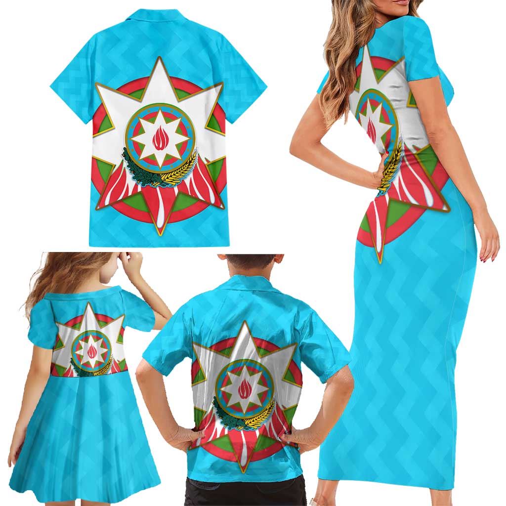Azerbaijan National Emblem Family Matching Short Sleeve Bodycon Dress and Hawaiian Shirt with Star and Flame Design in Sky Blue