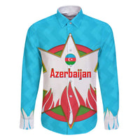 Azerbaijan National Emblem Family Matching Short Sleeve Bodycon Dress and Hawaiian Shirt with Star and Flame Design in Sky Blue
