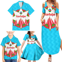 Azerbaijan National Emblem Family Matching Summer Maxi Dress and Hawaiian Shirt with Star and Flame Design in Sky Blue