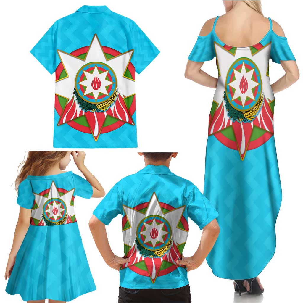 Azerbaijan National Emblem Family Matching Summer Maxi Dress and Hawaiian Shirt with Star and Flame Design in Sky Blue