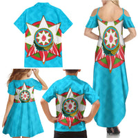 Azerbaijan National Emblem Family Matching Summer Maxi Dress and Hawaiian Shirt with Star and Flame Design in Sky Blue
