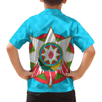Azerbaijan National Emblem Family Matching Tank Maxi Dress and Hawaiian Shirt with Star and Flame Design in Sky Blue