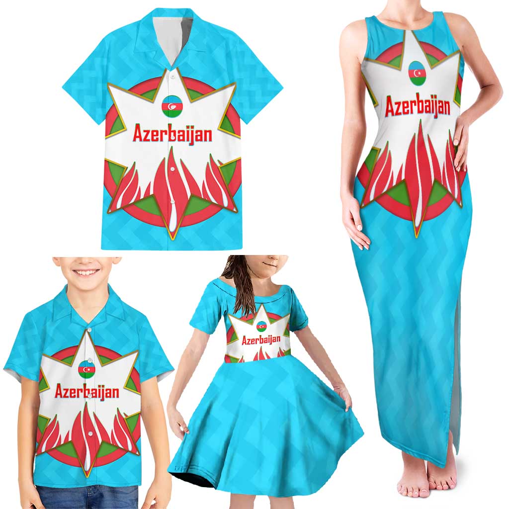Azerbaijan National Emblem Family Matching Tank Maxi Dress and Hawaiian Shirt with Star and Flame Design in Sky Blue