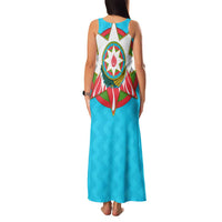 Azerbaijan National Emblem Family Matching Tank Maxi Dress and Hawaiian Shirt with Star and Flame Design in Sky Blue