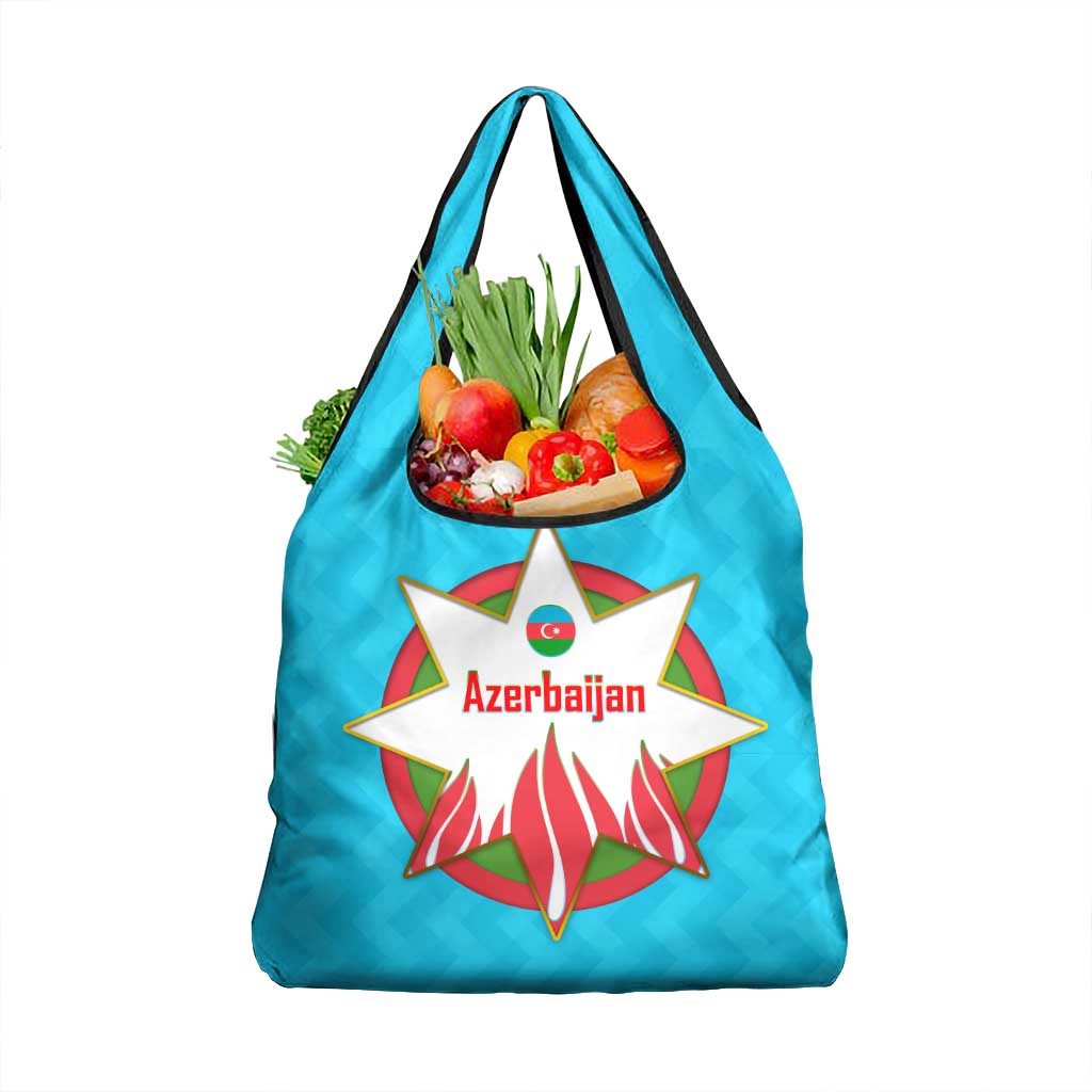 Azerbaijan National Emblem Grocery Bag with Star and Flame Design in Sky Blue