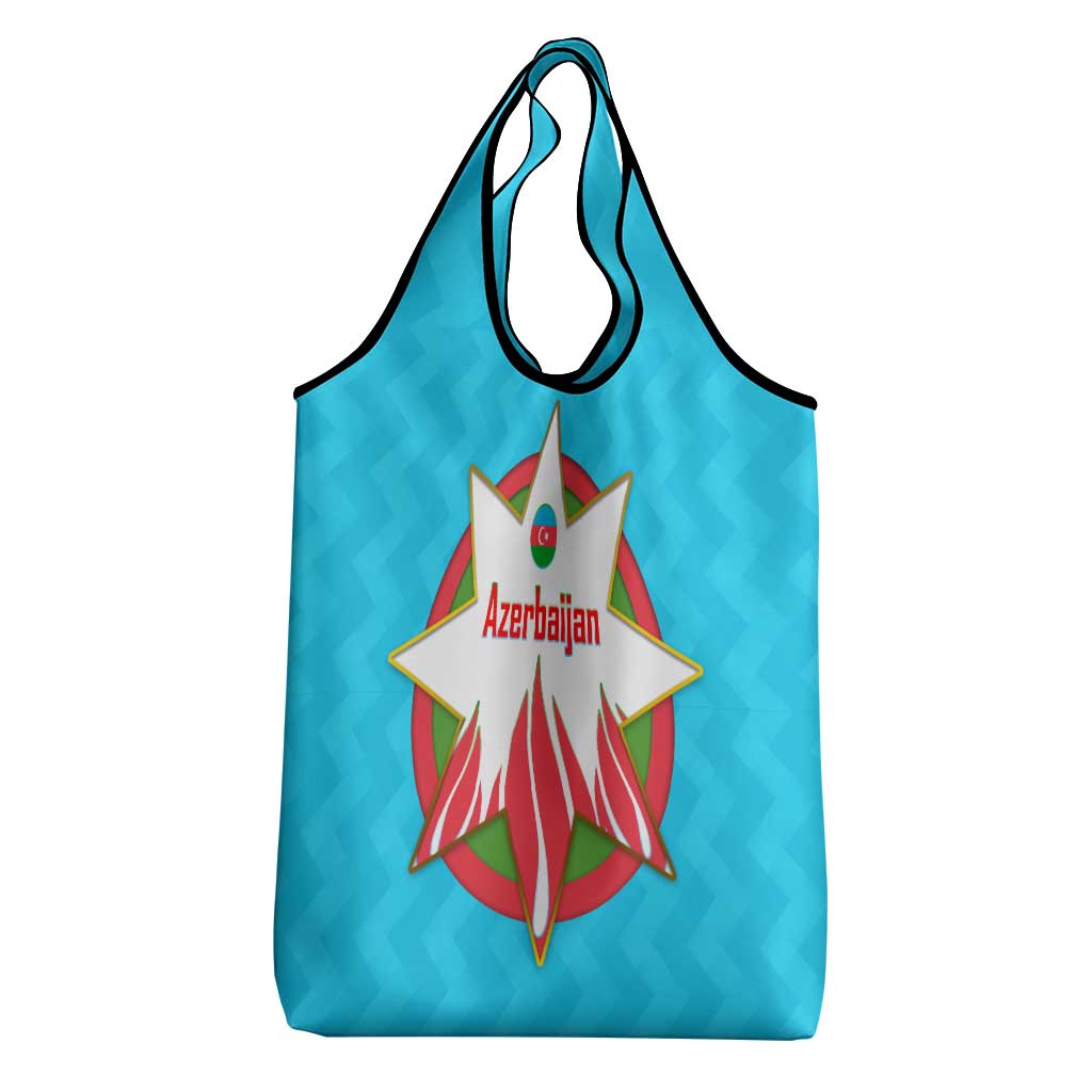 Azerbaijan National Emblem Grocery Bag with Star and Flame Design in Sky Blue