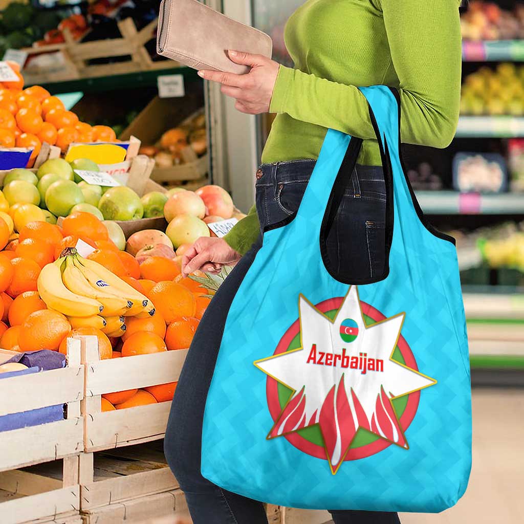 Azerbaijan National Emblem Grocery Bag with Star and Flame Design in Sky Blue