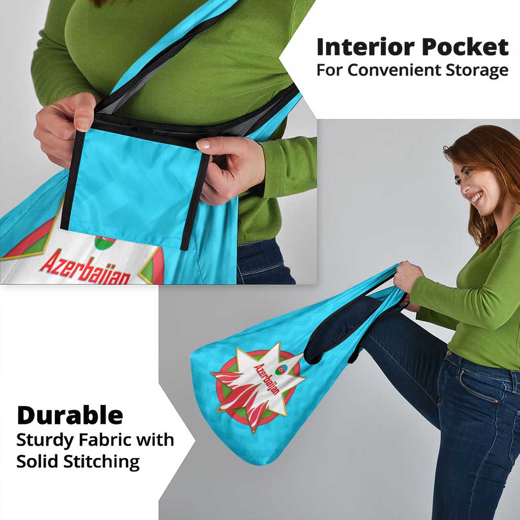 Azerbaijan National Emblem Grocery Bag with Star and Flame Design in Sky Blue