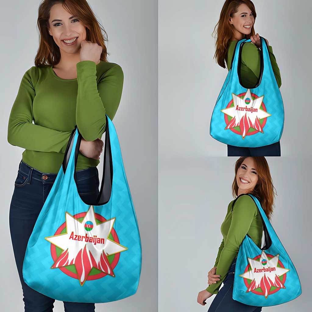 Azerbaijan National Emblem Grocery Bag with Star and Flame Design in Sky Blue