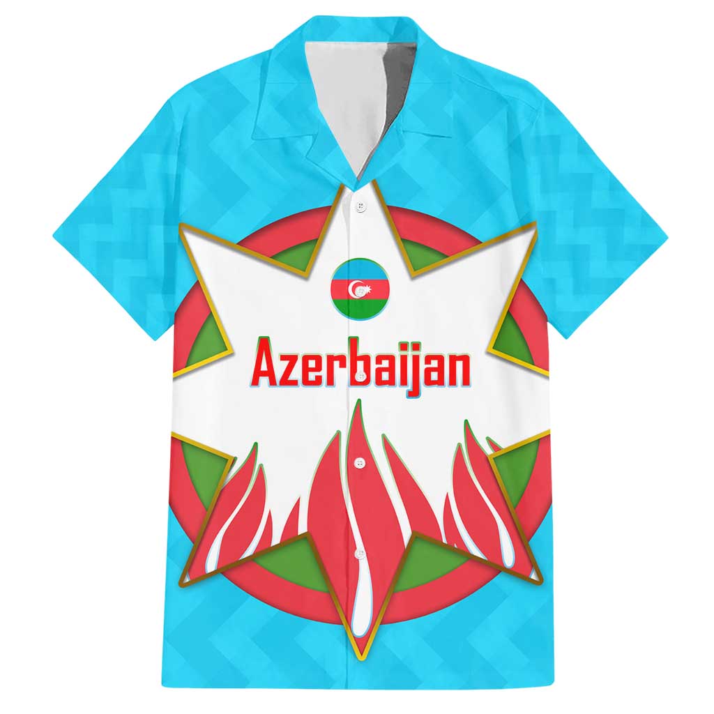 Azerbaijan National Emblem Hawaiian Shirt with Star and Flame Design in Sky Blue