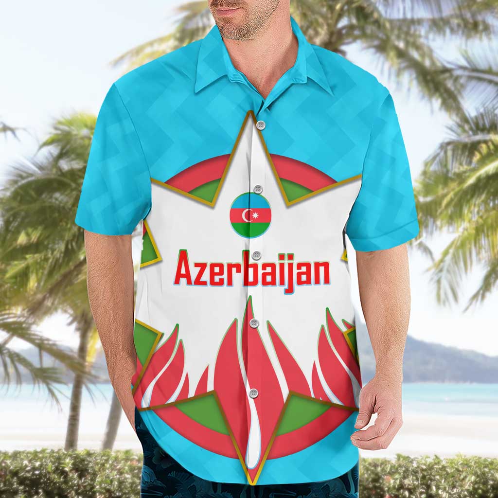 Azerbaijan National Emblem Hawaiian Shirt with Star and Flame Design in Sky Blue