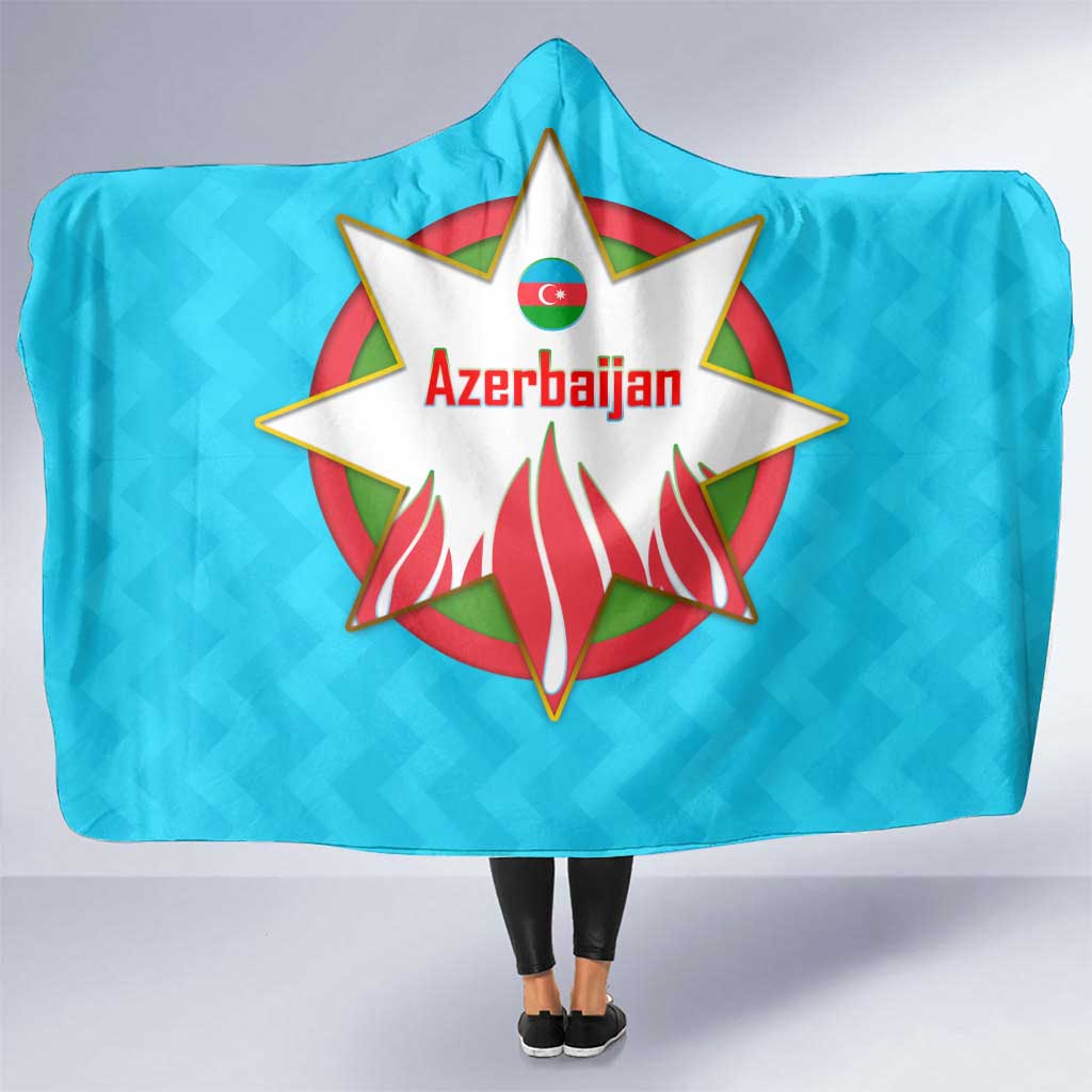 Azerbaijan National Emblem Hooded Blanket with Star and Flame Design in Sky Blue