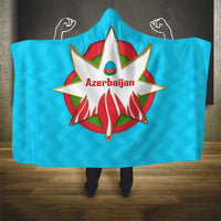 Azerbaijan National Emblem Hooded Blanket with Star and Flame Design in Sky Blue