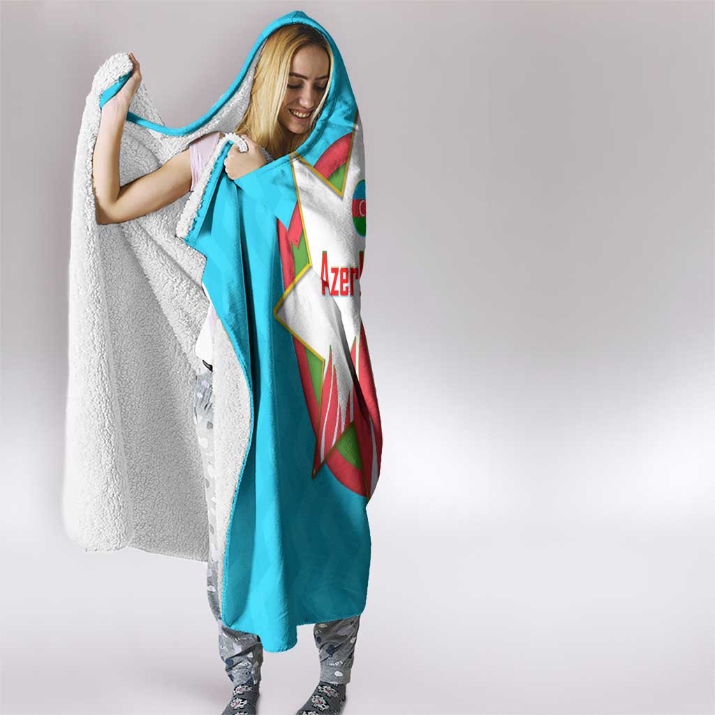 Azerbaijan National Emblem Hooded Blanket with Star and Flame Design in Sky Blue