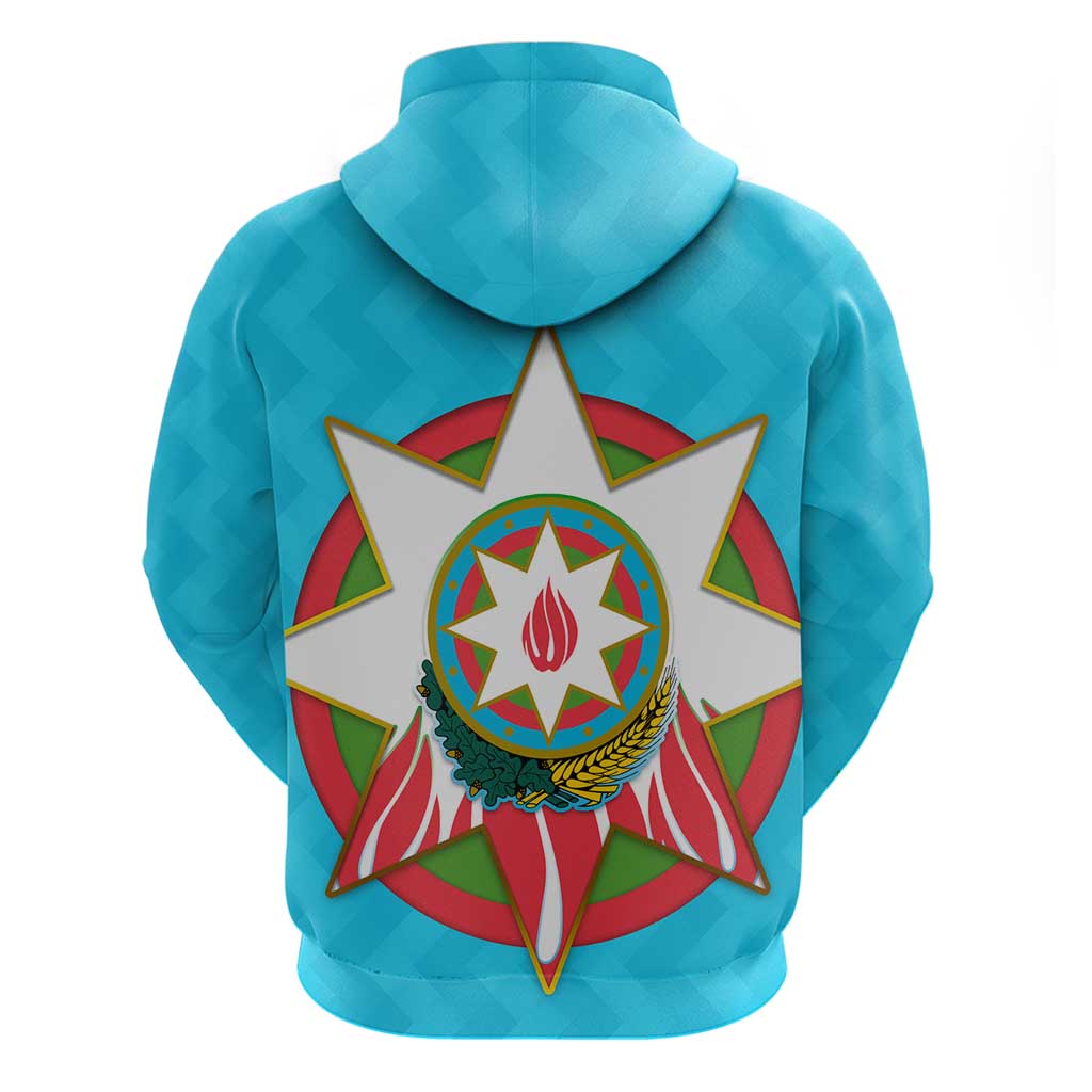 Azerbaijan National Emblem Hoodie with Star and Flame Design in Sky Blue