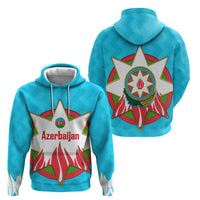 Azerbaijan National Emblem Hoodie with Star and Flame Design in Sky Blue