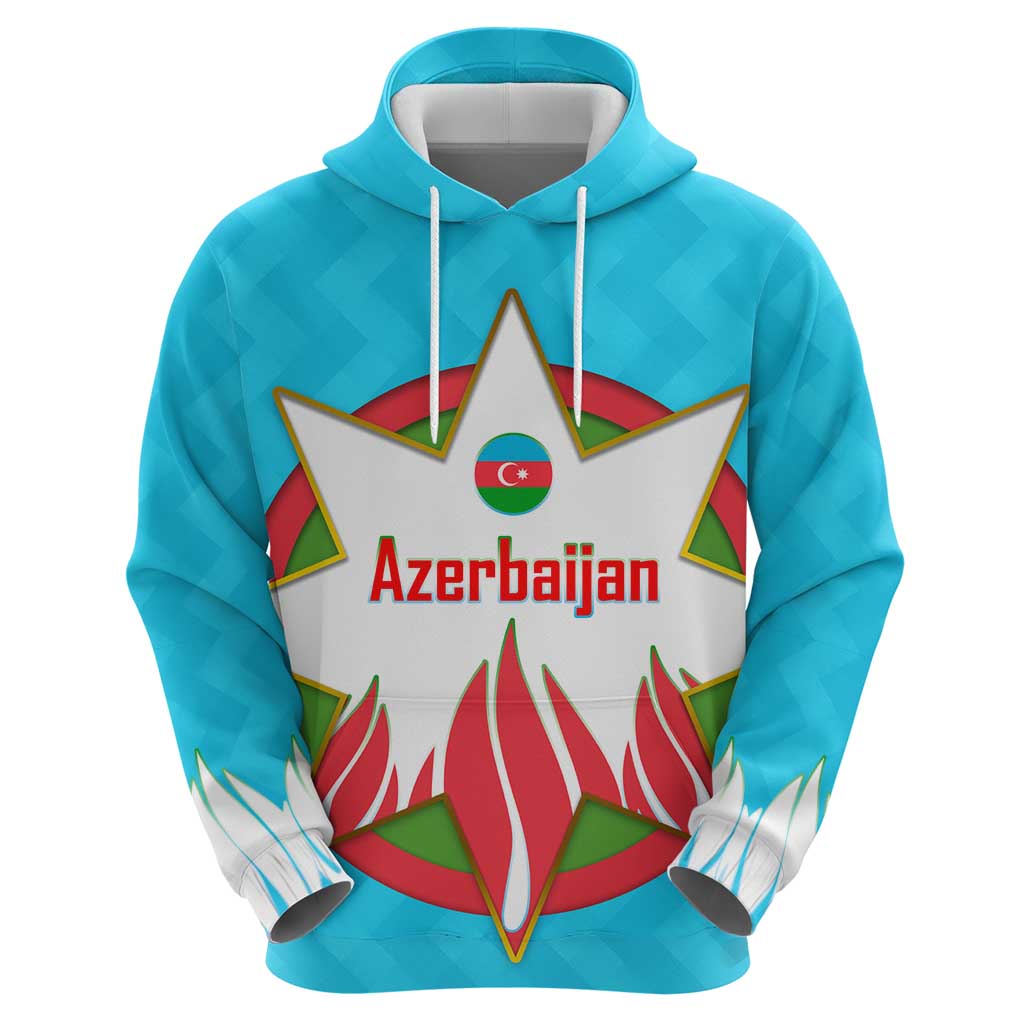 Azerbaijan National Emblem Hoodie with Star and Flame Design in Sky Blue