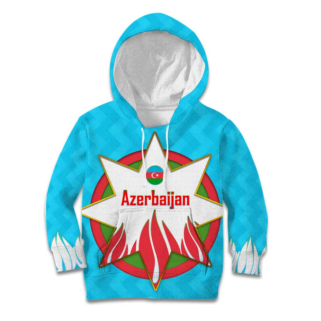 Azerbaijan National Emblem Kid Hoodie with Star and Flame Design in Sky Blue
