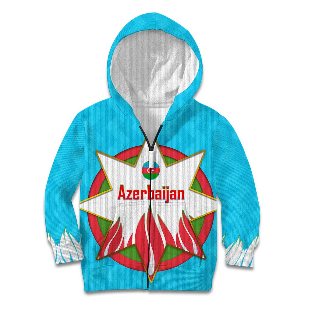 Azerbaijan National Emblem Kid Hoodie with Star and Flame Design in Sky Blue